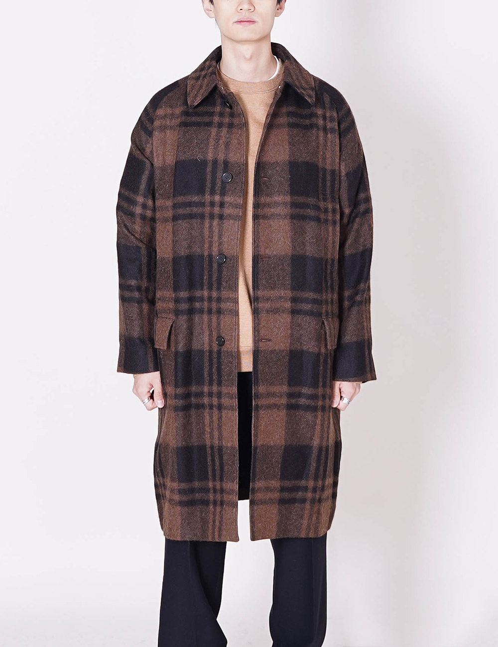 Alpaca Stole Cloth Raglan Mac Coat (Brown Plaid)
