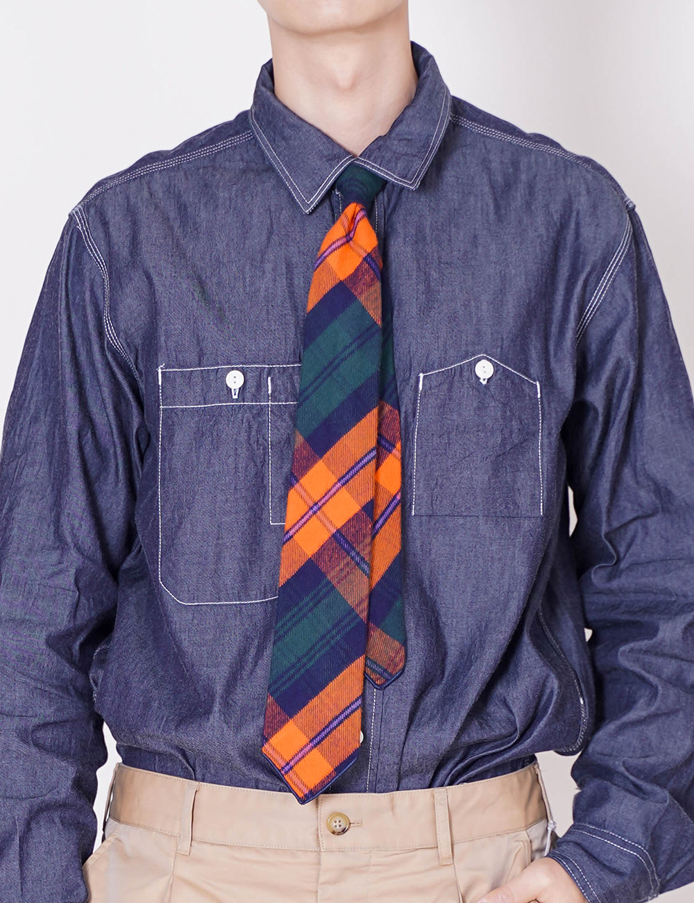 Engineered Garments : Neck Tie (Orange/Navy/Green Cotton Twill Plaid)